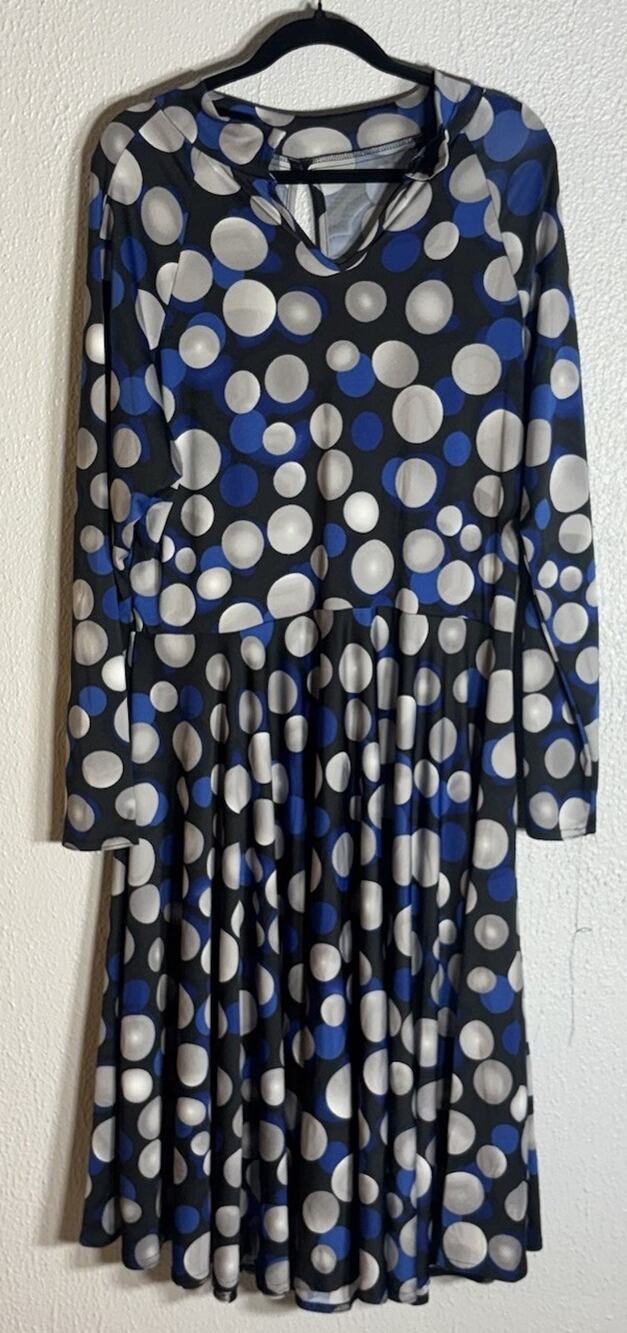 Women's Black Blue Gray Polka Dot Fit & Flare Keyhole Knee Dress Size 18/20